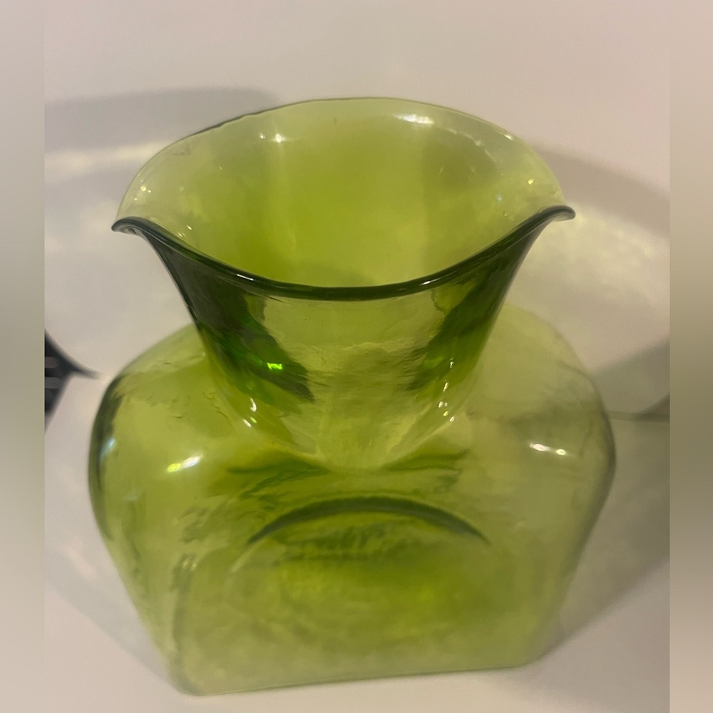 Blenko Glass Green Water Bottle 8" Double Spout made in USA - Picture 2 of 3